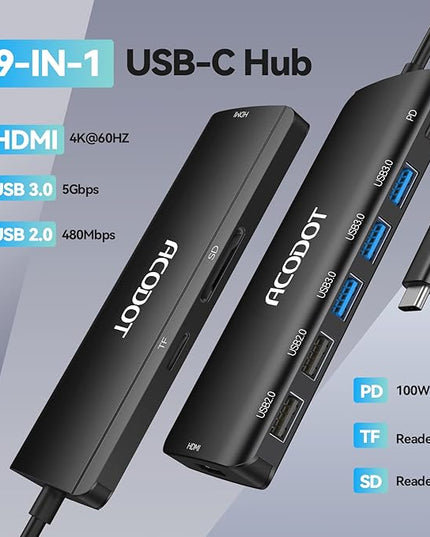 Acodot 9 in 1 USB C to 4K@60HZ HDMI Multiport Adapter, 3 USB 3.0 Ports, SD/TF Card Reader, 100W PD, Designed for MacBook Pro Air HP XPS etc, Black