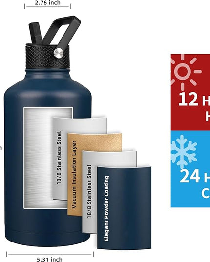 Insulated Water Bottle 87oz,Triple Wall Vacuum Stainless Steel(Dishwasher Safe),Leak Proof & Non-BPA,Flask Jug with Paracord Handle & Straw Spout Lids Sports Navy Blue