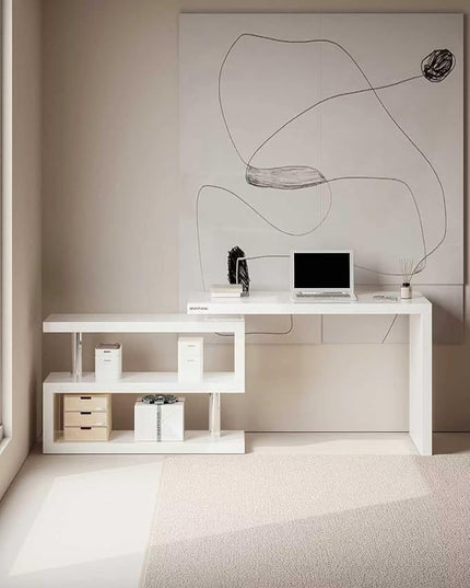 47" Swivel Top Desk with Storage Shelves - 360° Rotating Tabletop Computer Workstation for Home Office - Full Glossy Mirror Finish Space-Saving Corner Writing Table, White