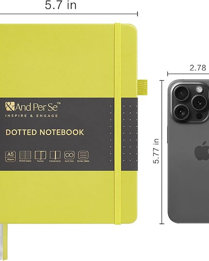 &And Per Se Dotted Journal Notebook, A5 Hardcover Leather Bullet Dotted Journal, 160 Pages 100 gsm Thick Paper, 3 Sheets of Stickers Included - 5.7'' x 8''（Lime Green）