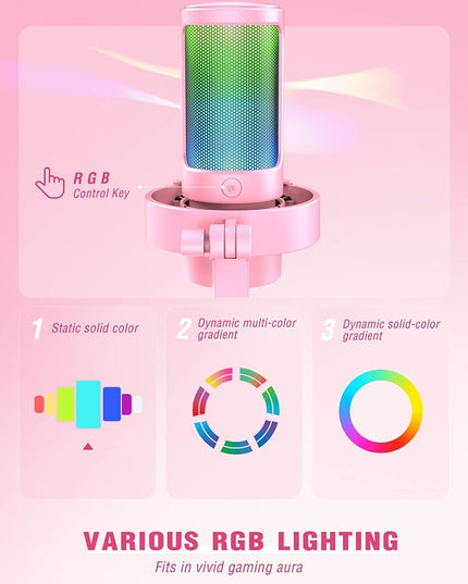 FIFINE USB Streaming Gaming Microphone, PC Condenser Desktop Mic for Video, Home use, YouTube, with RGB Control, Gain Knob, 3.5mm Headphone Jack, Shock Mount, on Computer/PS5-AmpliGame A8 Pink