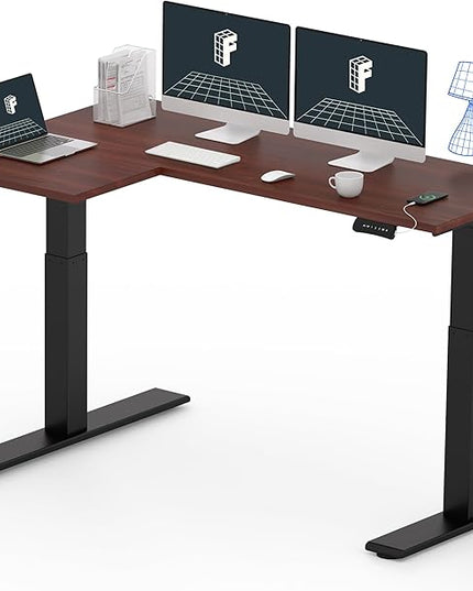 FLEXISPOT 63 inch L-Shaped Standing Desk, Electric Height Adjustable Desk, Sit Stand Large Corner Desk, Memory Preset Controller, Modern Design, Black Frame + Mahogany Top