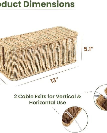 Cable Management Box, Handmade Rattan Cable Organizer, 2 Open Slots Cords Hider Box, Under Desk Cord Organizer for Computer Router USB Hub & Power Strip, Patent Pending, 13" x 5.1" x 5.1", Natural