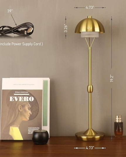 Modern Table Lamp Cordless Portable Desk Lamp, 2700K Stepless Dimming Rechargeable Battery Operated LED Lights for Bedroom, USB-C Charging, Restaurant/Bar/Night Light/Gifts (Antique Brass)