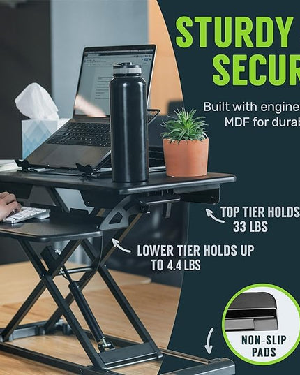 TechOrbits Standing Desk Converter - 42 Inch Adjustable Sit to Stand Up Desk Workstation, MDF Wood, Ergonomic Desk Riser with Keyboard Tray, Desktop Riser for Home Office Computer Laptop, Black 42"