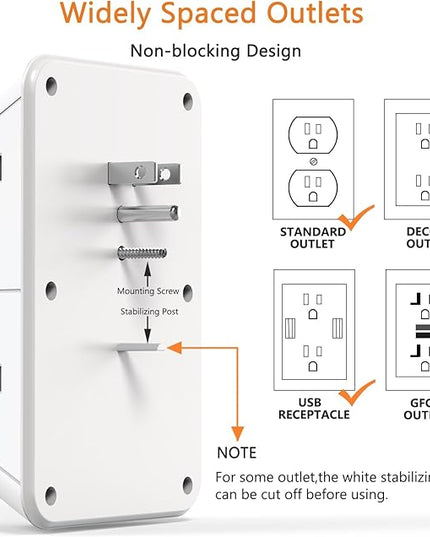 USB Wall Charger Power Strip Surge Protector with 4 USB Ports (2 USB C) Plug Extension Multiple Outlets Plug Extension Multi Outlet Plug in Adapter Spaced Outlets for Home Office Travel,White (White)