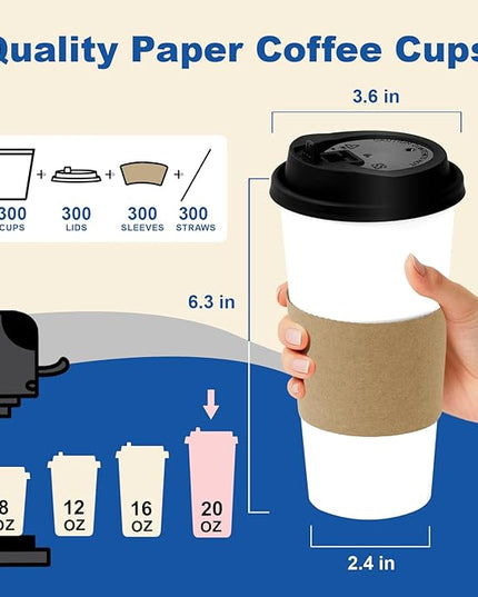Coolcap 20 oz 300 Pack Coffee Cups with Lids and Sleeves, Straws, Hot Disposable To Go Travel Paper Cups Bulk for Office, Home Coffee Bar Accessories, Chocolate, Cocoa, Beverage (White)