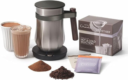 Hot & Cold Drinking Chocolate System - The ALL-NEW Velvetiser from Hotel Chocolat - Kit includes hot chocolate maker, 10 serving taster box, mug and glass - Pewter Edition