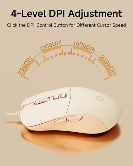 EWEADN G309 Wired Mouse, 7-Button Ergonomic Computer Corded Mouse with 2400 DPI, 4 Adjustment Levels DPI, Optical Office USB Mice with 5FT Cord for Laptop, PC, Desktop, MacBook-Pink