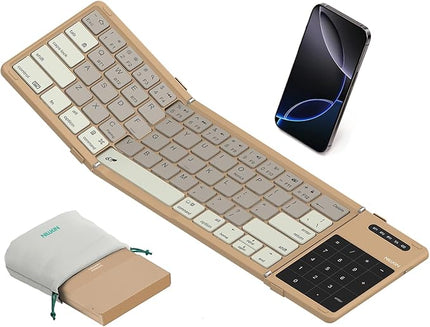 Nillkin Upgraded Foldable Bluetooth Keyboard with Touchpad & Number Pad, Portable Wireless Keyboard for Travel, Pocket-Sized, Full Size Keys, Support 3 Devices for iPad Laptop Tablets Phone, Khaki