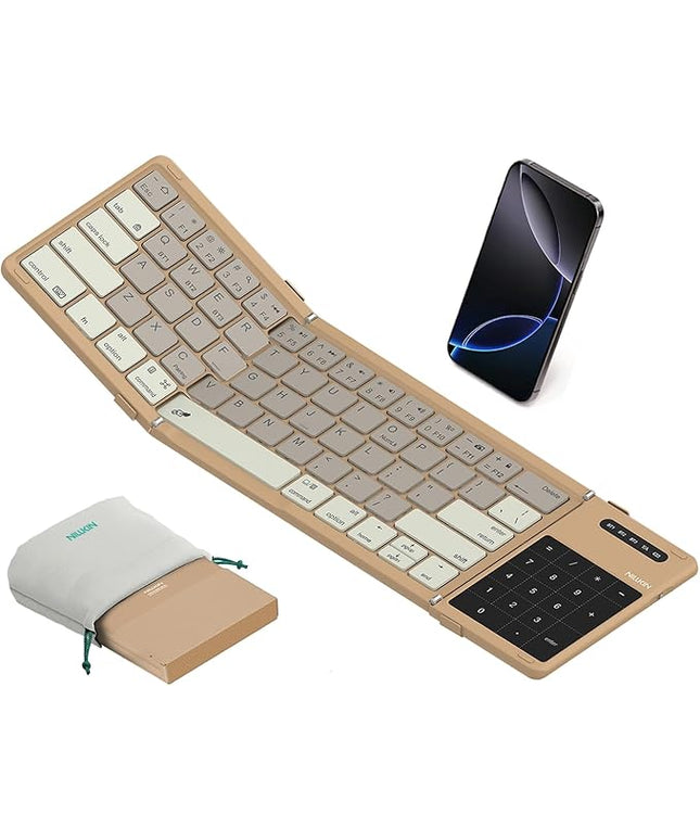 Nillkin Upgraded Foldable Bluetooth Keyboard with Touchpad & Number Pad, Portable Wireless Keyboard for Travel, Pocket-Sized, Full Size Keys, Support 3 Devices for iPad Laptop Tablets Phone, Khaki