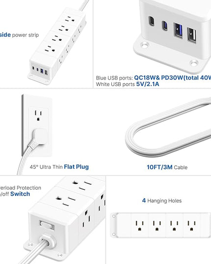 30W USB C Power Strip Surge Protector,4 Side 12 Outlets Desk Power Strip with Ultra Thin Flat Plug,PD Fast Charing,2 USB-C,2 USB-A(USB Total 40W),10ft Flat Extension Cord with Multiple Outlets,1200J