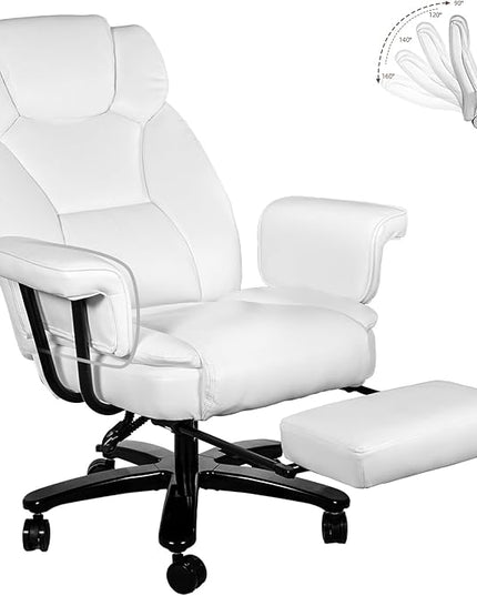 Reclining Office Chair with Footrest, Big and Tall Home Office Desk Chairs 400lbs with High Back, Criss Cross Wide Seat, Heavy Duty Base, Pu Leather, White