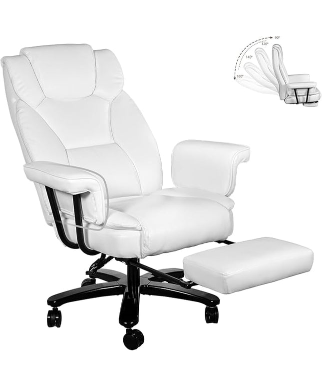 Reclining Office Chair with Footrest, Big and Tall Home Office Desk Chairs 400lbs with High Back, Criss Cross Wide Seat, Heavy Duty Base, Pu Leather, White