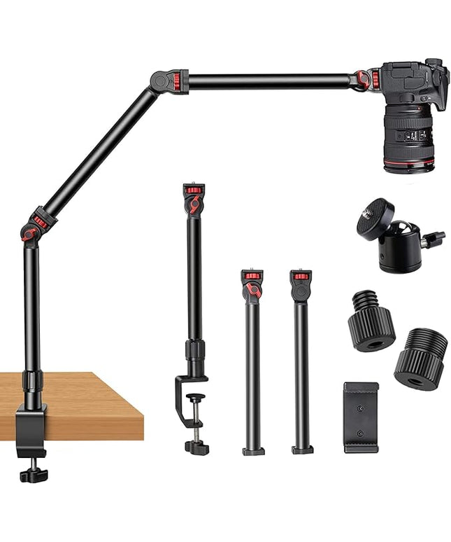 Overhead Camera Mount Desk Stand, 3-Section Flexible Detachable Articulating Arm with 1/4“ 3/8" 5/8" Screw&360° Ball Head, C-clamp Tabletop Mount for DSLR Camera/Webcam/Microphone/Lights