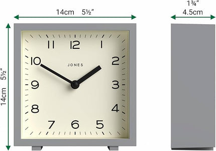 JONES CLOCKS® Disco Desk Clock | Sleek Square Design | Gray | Stylish and Easy to Read for Shelf, Table, Mantel or Bedside