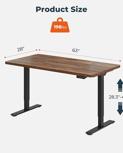 Dual Motor Standing Desk, Large Stand Up Desks, 63x28 Inches Electric Sit Stand Desks, 4 Memory Preset Adjustable Height Computer Table for Home Office with Splice Board (Brown)