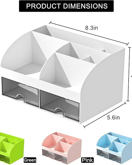 Desk Organizer with 6 Compartments and 2 Drawers, Plastic Makeup Organizer, Pen Holder for Desktop Storage, Desk Organization for School, Home, Office Supplies (White-2Pack)