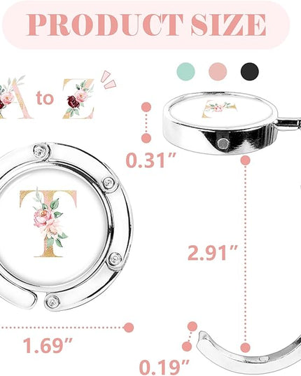 Iqimott 3pcs Personalized Initial Foldable Purse Hook for Table, Flower Letter Folding Handbag Hanger Portable Magnet Table Hook Holder, Collection Desk Purse Hooks for Women Bag (Pink-T)