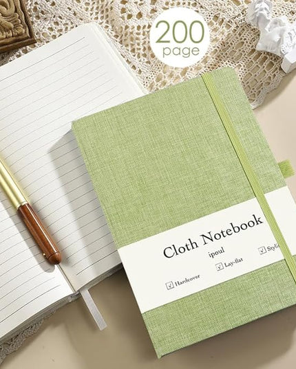 ipoul A5 Notebook, Linen Journal, 8x6, Lined Page, Journal for Writing, Hardcover, Lay Flat, Elastic Closure & Pen Loop, Green