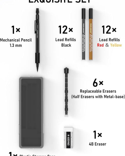 Four Candies 1.3mm Mechanical Pencil Set with 24 Lead Refills, Metal Weatherproof Heavy Duty Outdoor Carpenter Pencil, Eraser, 6 Eraser Refills for Architect Drafting Woodworking Marking with Case