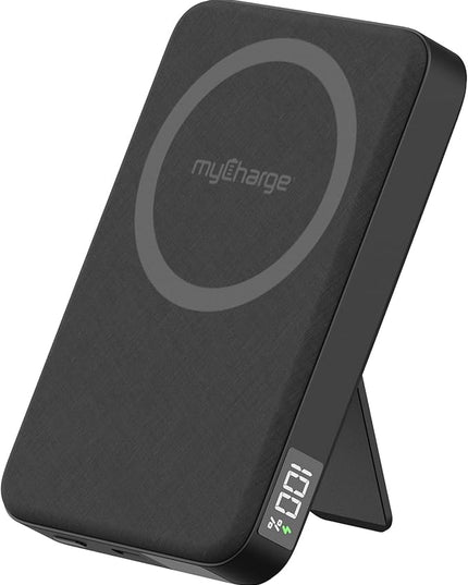 myCharge CliqLuxe Magnetic Wireless Power Bank 10,000mAh | iPhone & MagSafe Compatible | Qi2.2 25W Mag Safe Portable Charger | Built-in Stand | 20W PD USB-C Port | Premium Black Fabric