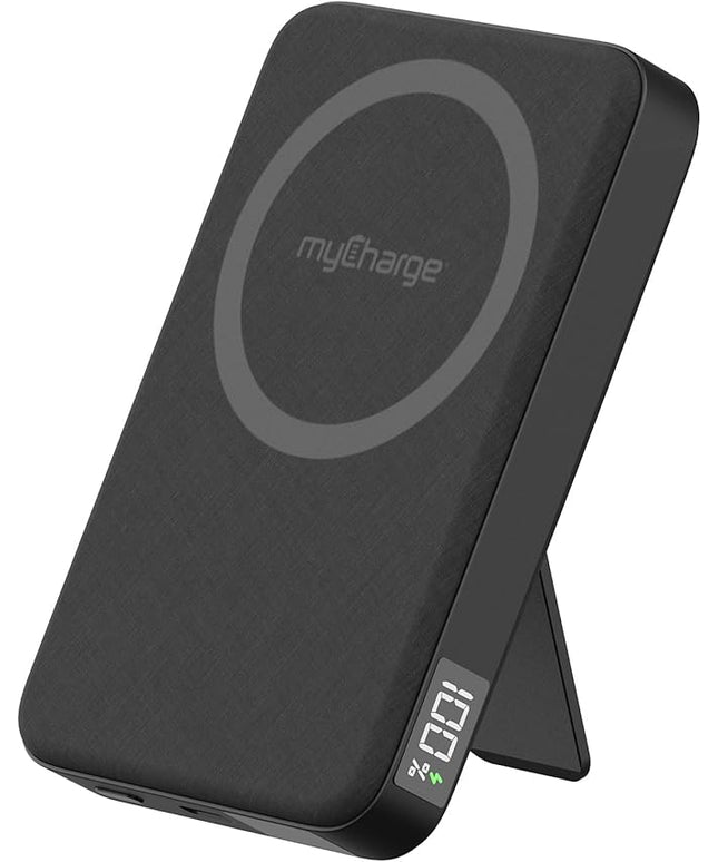 myCharge CliqLuxe Magnetic Wireless Power Bank 10,000mAh | iPhone & MagSafe Compatible | Qi2.2 25W Mag Safe Portable Charger | Built-in Stand | 20W PD USB-C Port | Premium Black Fabric