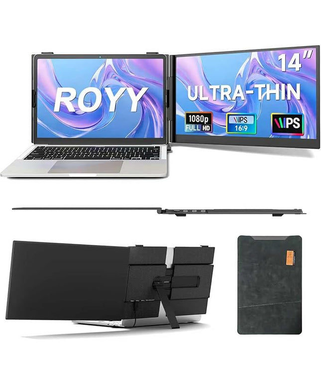 ROYY 14" Laptop Screen Extender, 0.19" Ultra-Thin Portable Monitor, FHD 1080P Dual Screen for 13-17" Laptops, Plug & Play USB-C/HDMI, Travel Monitor Compatible with Windows, Mac, Android, Switch, PS5