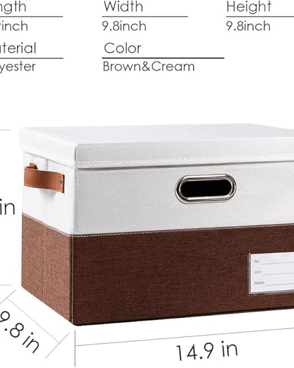 PRANDOM Foldable Storage Bins with Lids [3-Pack] Fabric Collapsible Storage Boxes Baskets Cubes Containers with Handles for Closet Living Room Bedroom (Brown & White 14.9x9.8x9.8'')