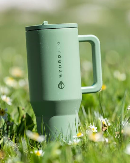 HydroJug Traveler - 40 oz Water Bottle with Handle & Flip Straw - Fits in Cup Holder, Leak Resistant Tumbler-Reusable Insulated Stainless Steel & Rubber Base - Gifts for Women & Men, Sage