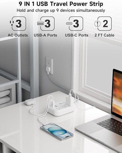 Short Extension Cord 2 Foot- 6 USB(3 USB C) Travel Power Strip with 24W USB Charging Station and 3 Outlets, 2ft Small Flat Plug Extension Cord Surge Protector for Travel Home College Dorm 13A