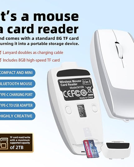 Mini Portable 2-in-1 Wireless Bluetooth Mouse & TF Card Reader - 8GB TF Card Included, Rechargeable, Type-C to USB Adapter, Ultra-Compact (78×38×22mm), Ideal for On-The-Go Work, Silver