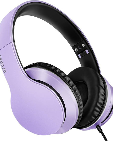 Lorelei X6 Over-Ear Headphones with Microphone, Purple-Black Lightweight Foldable & Portable Stereo Bass, Wired for Smartphone & Tablet, MP3 (1.45M No-Tangle)