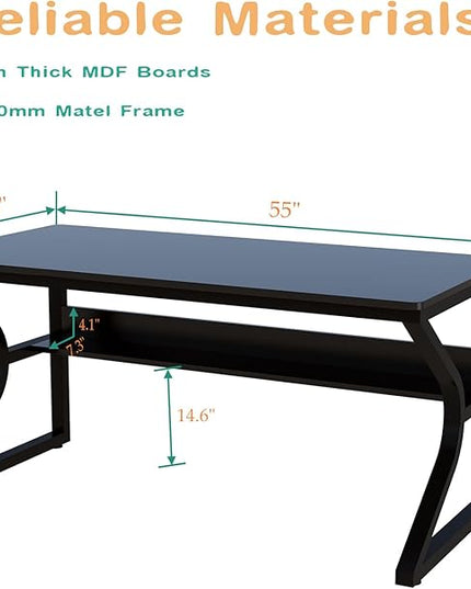 Extra Long Desk with Bookshelf - 55" Double Long Writing Table for 2-Person Workstation, Modern Study Work Computer Desk for Home and Office, Black