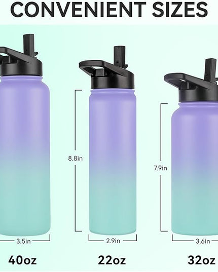 DOMICARE 40 oz Insulated Water Bottle Bulk, Vacuum Insulated Stainless Steel Sports Water Bottle with Straw Lid & Spout Lid, Leakproof, Reusable - Travel, Camping, Bike, Purple Green Gradient(4 Pack)