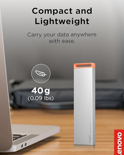 Lenovo PS8S 512GB Portable SSD, Up to 1050MB/s Read, 1000MB/s Write, USB 3.2 USB-C, Slim Lightweight (40g) Aluminum Body, Reliable Storage for PC/Mac & Android