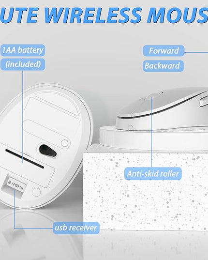 Wireless Keyboard Mouse Combo, 104 Keys Cute Colorful Keyboard with Number Pad & Mouse for Windows, Computer, PC, Notebook, Laptop (White)