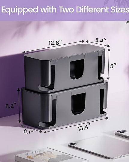 Delamu 2 Pack Cable Management Box, Stylish Black Cable Management, Pet & Child-Proof ABS Cord Box Hider, Medium and Small Cable Box for Computer WiFi Router Box Hider USB Hub, Floor Cord Covers