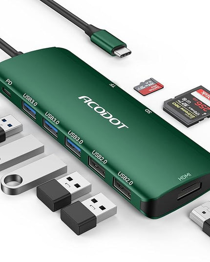 Acodot 9 in 1 USB C Hub - 4K@60Hz HDMI Adapter, 3 USB 3.0 Ports, SD/TF Card Reader, 100W PD, Multiport Adapter for MacBook Pro, Air, HP, XPS, Green