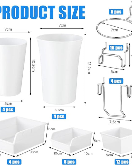 Roowest 60 Pcs Pegboard Cups Pegboard Bins Set, Wall Organizer with Hooks and Loops, Hooks Assortment Organizer Accessory for Office Storage Garage Craft Workshop(White)