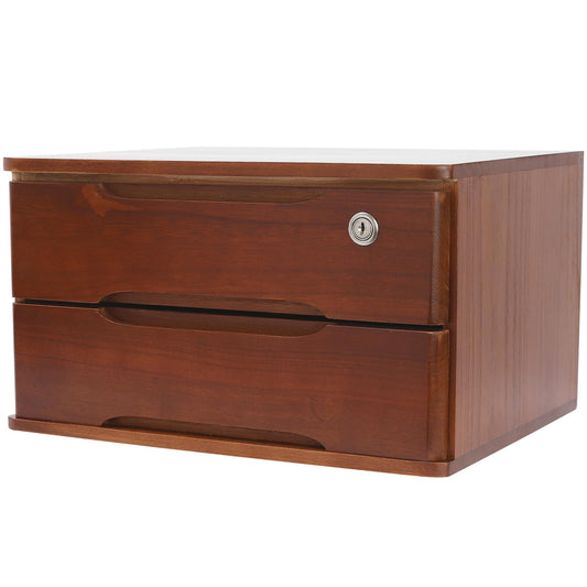 iSamLam Wood Desk Organizer with 2 Drawers, Lockable Desktop Countertop Storage Cabinet for Home Office Supplies File Tabletop Organizing Unit (Dark Brown)