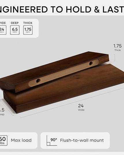 Homeforia 24inch Walnut Floating Shelves for Wall, High End Solid Real Wood 24in Floating Shelf for Bathroom, Dark Brown 24 inch Long Floating Shelves, Heavy Duty Bracket, 24 X 6.5 X 1.75 in, Set of 2