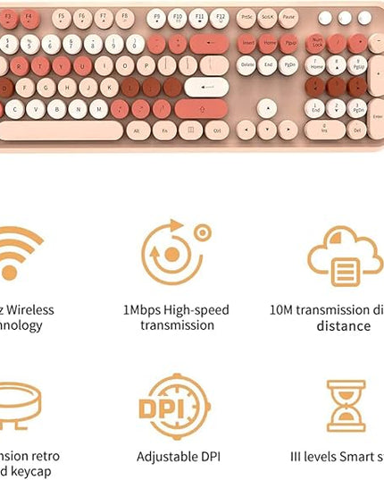 FOPETT Keyboard and Mouse Sets Wireless,Reliable 2.4 GHz Connectivity for PC,Laptop,Smart TV and More (Milk Tea Color)
