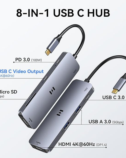 USB C Hub HDMI Adapter for MacBook Pro/Air, 8 in 1 USB C Video Hub with HDMI 4K@60Hz,SD/TF,USB C Data Port,100W PD,USB 3.0 USB CDongle Compatible for Dell XPS/Lenovo Thinkpad/HP/Surface/Yoga etc