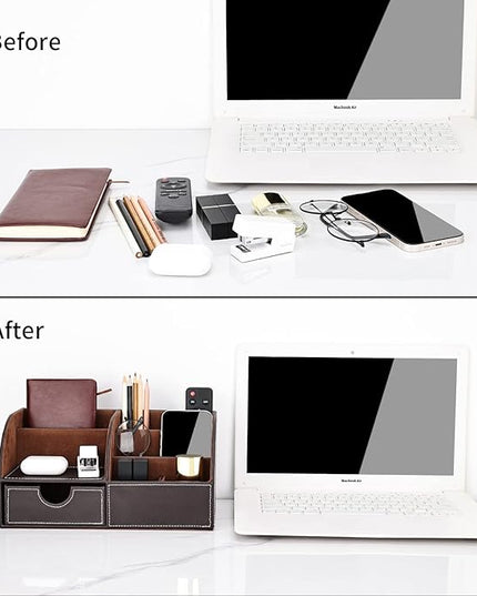 KINGFOM Pu Leather Desk Organizer Pen Pencil Holder Office Supplies Caddy Storage Box 6 Compartments with Drawer Brown