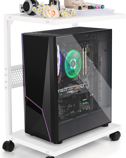 PC Stand Computer Tower Stand 2-Tier Metal CPU Holder with Locking Caster Wheels Suitable for Most PC (S,White)