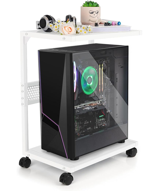 PC Stand Computer Tower Stand 2-Tier Metal CPU Holder with Locking Caster Wheels Suitable for Most PC (S,White)