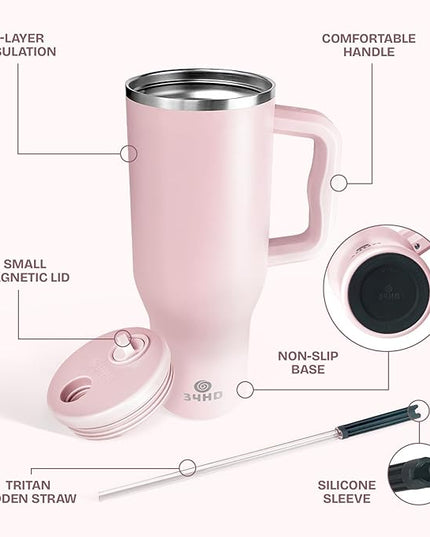 34HD 40 oz Stainless Steel Tumbler - Leakproof Insulated Water Bottle with Handle, Magnetic Lid and Flexible Straw - Iced for 48 Hours – Perfect for Men, Women, Birthday Gift, Pink - Rose Dust