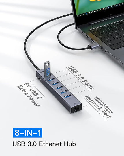 FORIDA 7 Port USB Hub - USB Ethernet HUB with 3.9ft Long Cable for Laptop, USB Extender with Gigabit Network Port and 5V/3A Power Port, Aluminum MultiPort USB hub for Laptop, iMac, PC, Flash Drives