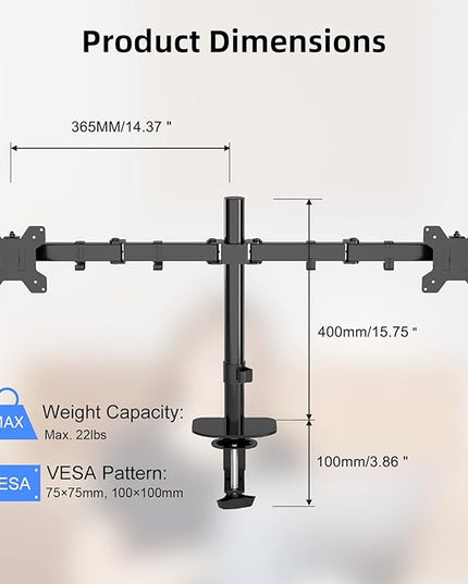 Pholiten Dual Monitor Stand,Heavy Duty Adjustable Monitor Desk Mount for 2 Screens up to 38Inches,Dual Monitor Arm with Height Adjustable Tilt Swive Rotate,Holds up to 22 lbs